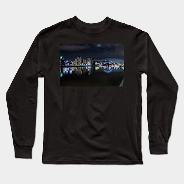 Newcastle quayside at night lit up Long Sleeve T-Shirt by tynesidephotos